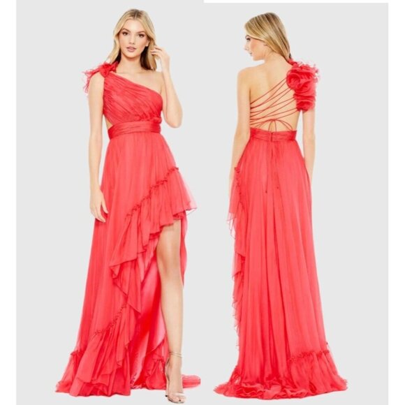 Mac Duggal Size 0 67989 Cherry One Shoulder Ruffle Lace Up Back Prom Gown Dress - Picture 1 of 11